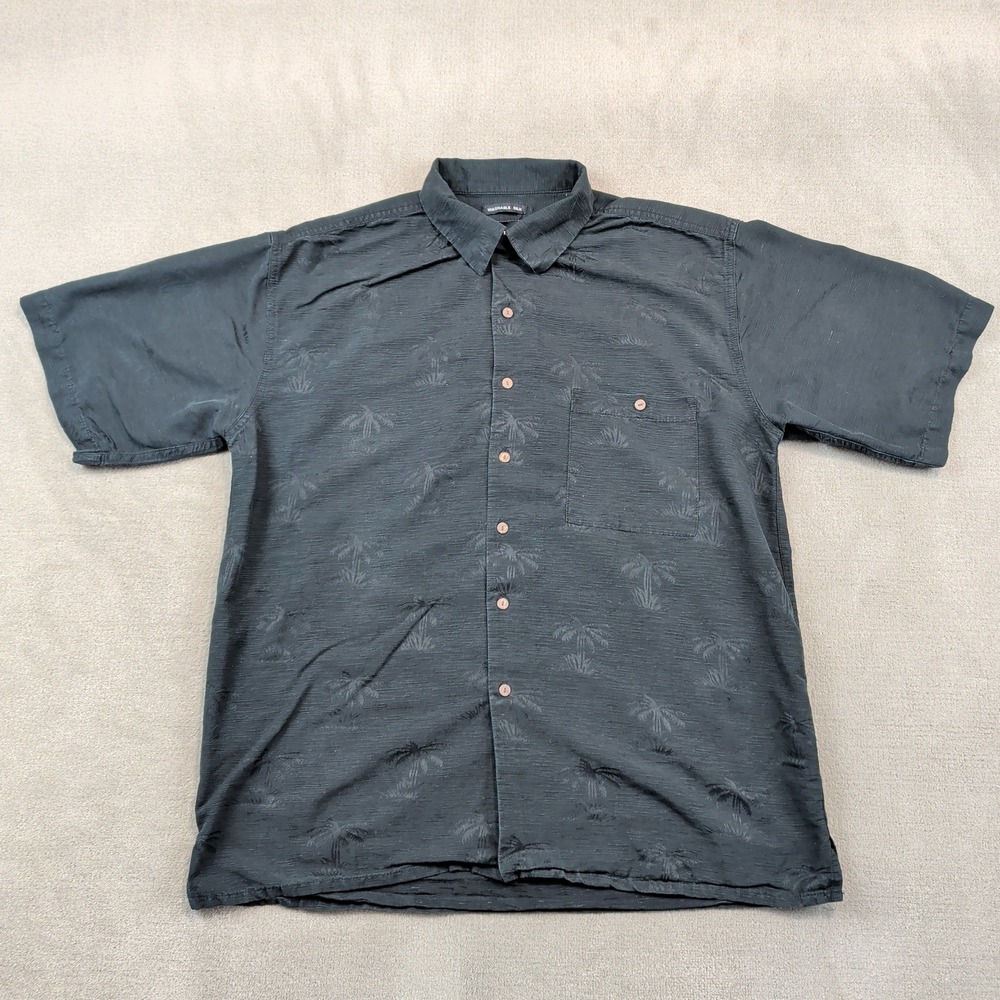 Utopia Size L Mens Black Washable Silk Palm Tree Jacquard Short Sleeve Shirt
